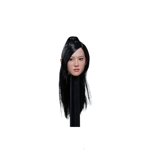 AMITD 1/6 Maßstab Weibliche Kopfskulptur,Beauty Asian Girl Planted Hair Head Carved with Movable Eyes for 12inch PH TBL JO Action Figure Körper (Black Ponytail Hair) von AMITD