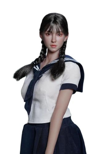 AMITD 1/6 Maßstab Weibliche Kopfskulptur,Beauty Asian Girl Suntan Skin Planted Hair Kopfskulptur Carved for 12inch PH TBL JO Action Figure Körper (E) von AMITD