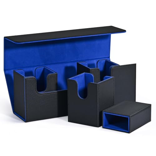AMIUHOUN Kartenaufbewahrungsbox mit WüRfelfach, 4-In-1-Kartendeck-HüLle für Mehr Als 300 Karten, Magnetischer Karten-Organizer Schwarz + Blau von AMIUHOUN