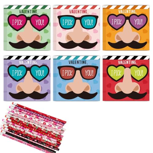 AMIUHOUN Lustiges Valentinstagsgeschenk-Set für Kinder – 24 Valentinstagskarten und 24 Bleistifte Kit – I Pick You Schnurrbartbrille von AMIUHOUN