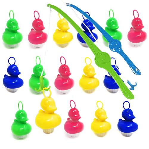 AMLI Enten Angeln | 16x bunt Entchen mit Öse & Gewicht | Inkl. 2 Angeln | Entenangeln Spiel Wasser groß | Perfekt für Firmenfeiern, Kita, Kindergeburtstag | Schwimmenten für Pool & Jahrmarkt von AMLI