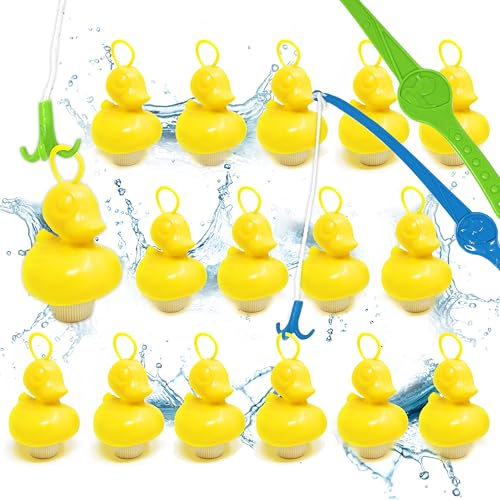 AMLI Enten Angeln | 16x gelbe Entchen mit Öse & Gewicht | Inkl. 2 Angeln | Entenangeln Spiel Wasser groß | Perfekt für Firmenfeiern, Kita, Kindergeburtstag | Schwimmenten für Pool & Jahrmarkt von AMLI