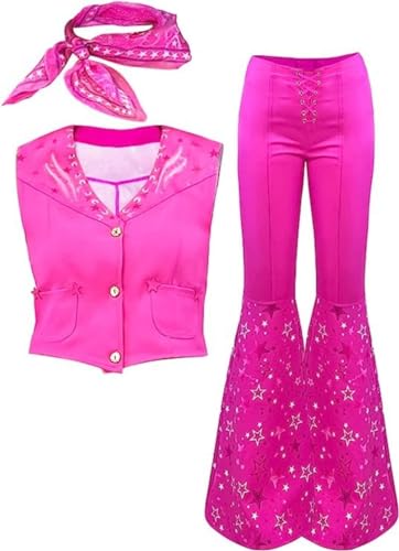 AMMICCO Damen Mädchen Barbie Kostüme 70er 80er Hippie Disco Film Barbie Kostüm Rose Ausgestellte Hose Cosplay Halloween Karneval L (160-165 cm)) von AMMICCO