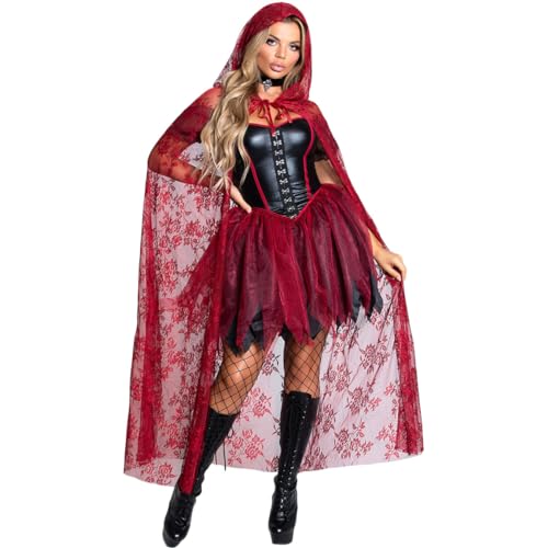 AMMICCO Damen Rotkäppchen Kostüm Rot Spitze Vampir Umhang mit Kapuze Kleid Karneval Halloween Cosplay Kostüm (M) von AMMICCO