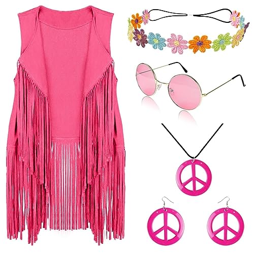 AMMICCO Hippie-Kostüm für Damen, Disco, Weste, mit Fransen, ärmellos, 70er-Jahre, Hippie, Damen, Kostüm, Braun, Leder, Halloween, Karneval, Outfit, 60S, 70S, Damen, Erwachsene, Mädchen, Kleid (XL, von AMMICCO