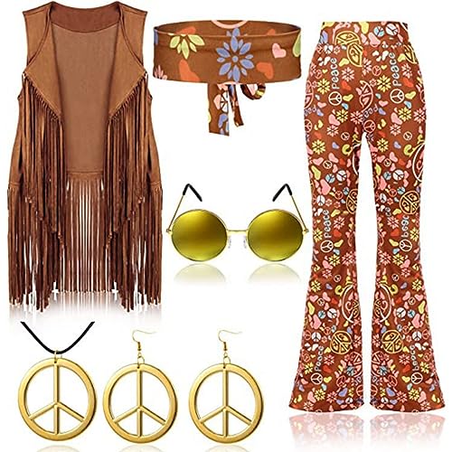 AMMICCO Hippie-Kostüm für Damen, Diskothek, Hippie-Hose, 70er-Jahre, Hippie, Damen, Kostüm, Halloween, Karneval, Outfit, 60S, 70S, Damen, Erwachsene, Mädchen (2XL, B) von AMMICCO