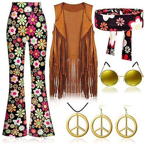 AMMICCO Hippie-Kostüm für Damen, Diskothek, Hippie-Hose, 70er-Jahre, Hippie, Damen, Kostüm, Halloween, Karneval, Outfit, 60S, 70S, Damen, Erwachsene, Mädchen (2XL, F) von AMMICCO