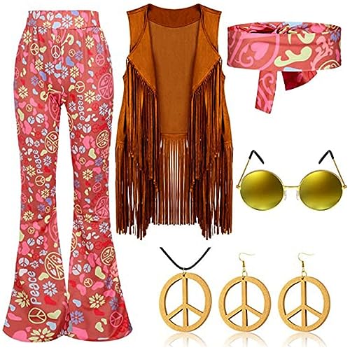 AMMICCO Hippie-Kostüm für Damen, Diskothek, Hippie-Hose, 70er-Jahre, Hippie, Damen, Kostüm, Halloween, Karneval, Outfit, 60S, 70S, Damen, Erwachsene, Mädchen (L, E) von AMMICCO
