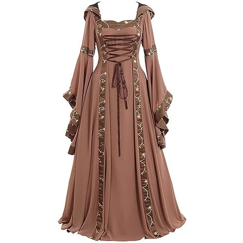 AMMICCO Renaissance Kostüm Frauen Hexe Mittelalter Kleider Kapuze Vampir Verkleidung Retro Viktorianische Königin Trompete Ärmel Gothic Halloween Karneval Party Cosplay (2XL, Braun) von AMMICCO