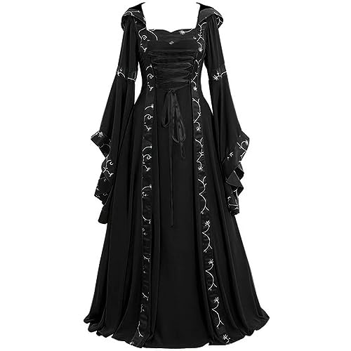 AMMICCO Renaissance Kostüm Frauen Hexe Mittelalter Kleider Kapuze Vampir Verkleidung Retro Viktorianische Königin Trompete Ärmel Gothic Halloween Karneval Party Cosplay (M, Schwarz) von AMMICCO