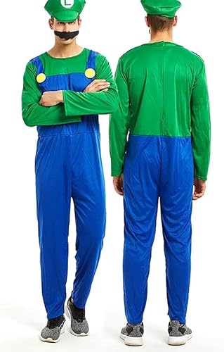 AMMICCO Super Kostüm Bruder Klempner Mario Kostüme Halloween Cosplay Kostüm Unisex Herren Damen Jungen Mädchen Erwachsene Kinder Kostüm (Erwachsener Grün, XL) von AMMICCO