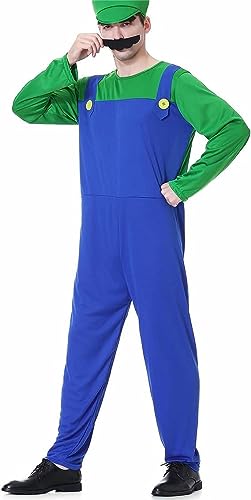 AMMICCO Super Kostüm Bruder Klempner Mario Kostüme Halloween Cosplay Kostüm Unisex Herren Damen Jungen Mädchen Erwachsene Kinder Kostüm (Grüne Männer, L) von AMMICCO