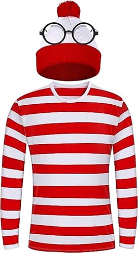 AMMICCO T-Shirt mit Streifen, Rot und Weiß, Brille, Beanie, Strickmütze, Hut, Kostüm, Outfit, Set, Halloween, Cosplay, Partyzubehör für Männer, Frauen, Erwachsene (Herren, M) von AMMICCO