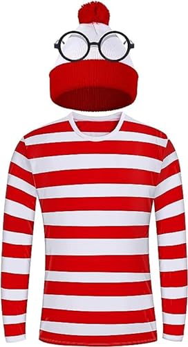 AMMICCO T-Shirt mit Streifen, Rot und Weiß, Brille, Beanie, Strickmütze, Hut, Kostüm, Outfit, Set, Halloween, Cosplay, Partyzubehör für Männer, Frauen, Erwachsene (Herren, XXL) von AMMICCO