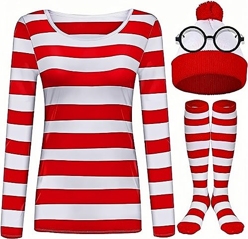 AMMICCO T-Shirt mit Streifen, Rot und Weiß, Brille, Beanie, Strickmütze, Hut, Kostüm, Outfit, Set, Halloween, Cosplay, Partyzubehör für Männer und Frauen, Erwachsene (Damen, L) von AMMICCO