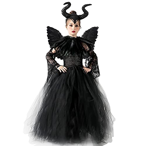 AMOBON Halloween Maleficent Kostüm für Kinder, Mädchen Böse Königin Kleid mit Hörner Kopfschmuck und Schwarze Flügel Umhang Schulterklappen für Karneval Fasching Cosplay Carnival Motto Party (L) von AMOBON