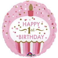 AMSCAN 3452901 Standard "1st Birthday Cupcake - Mädchen" Folienballon rund, Hologr. S55, 43 cm von AMSCAN®