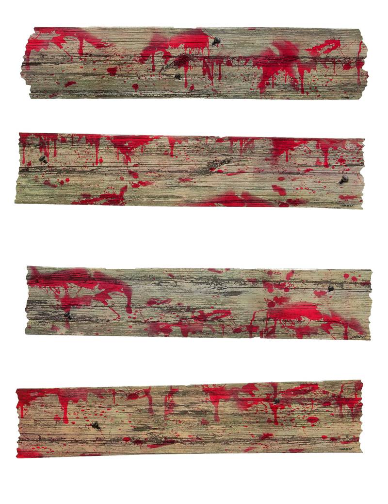 Blutige Holzbretter Halloween-Deko 4-teilig braun-rot 70x12cm von AMSCAN