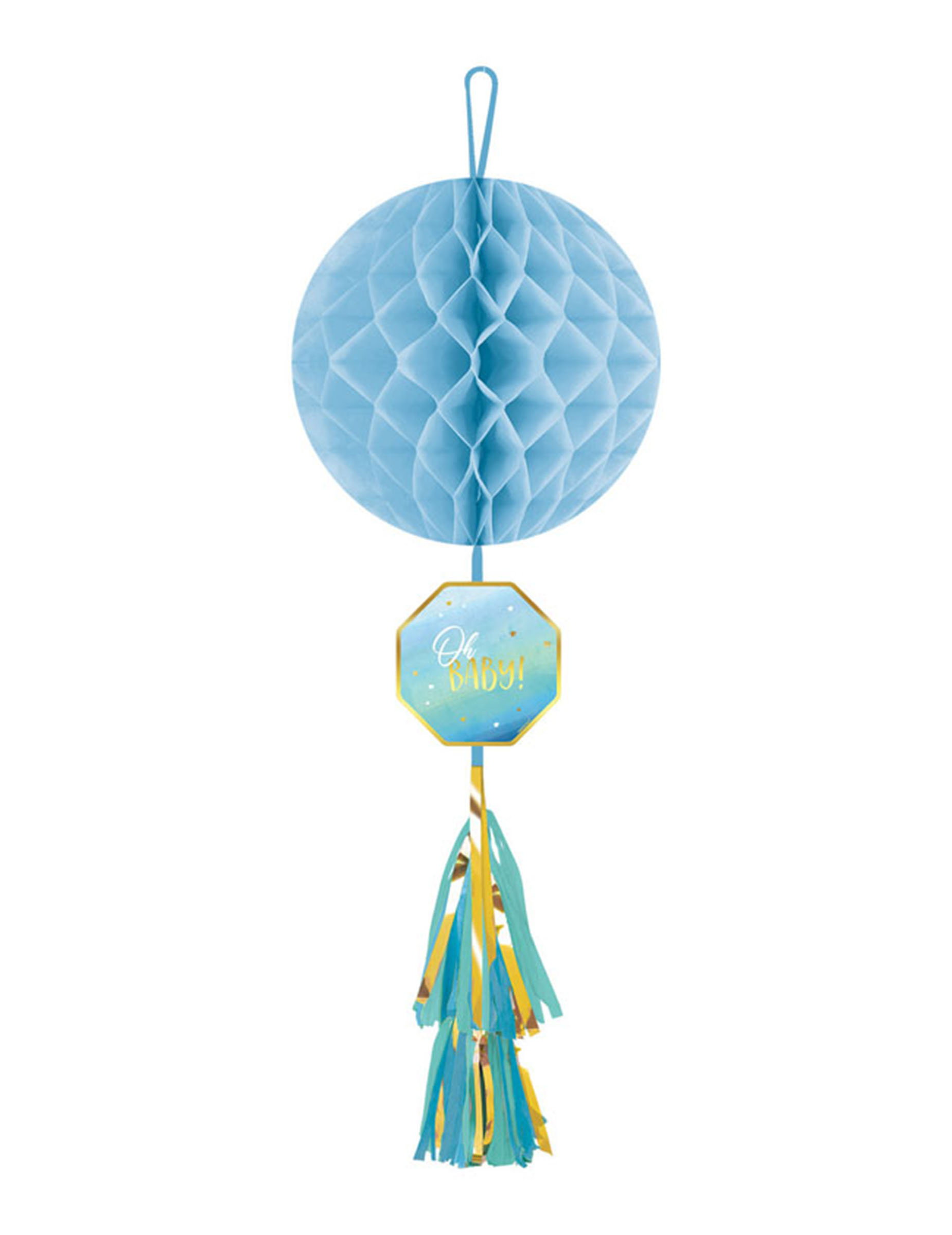 Hängedekoration Oh Baby Wabenpapier Blau + Gold mit Quaste 75 cm Babyparty Hängedekoration Oh Baby Wabenpapier Blau + Gold mit Quaste 75 cm Babyparty von AMSCAN