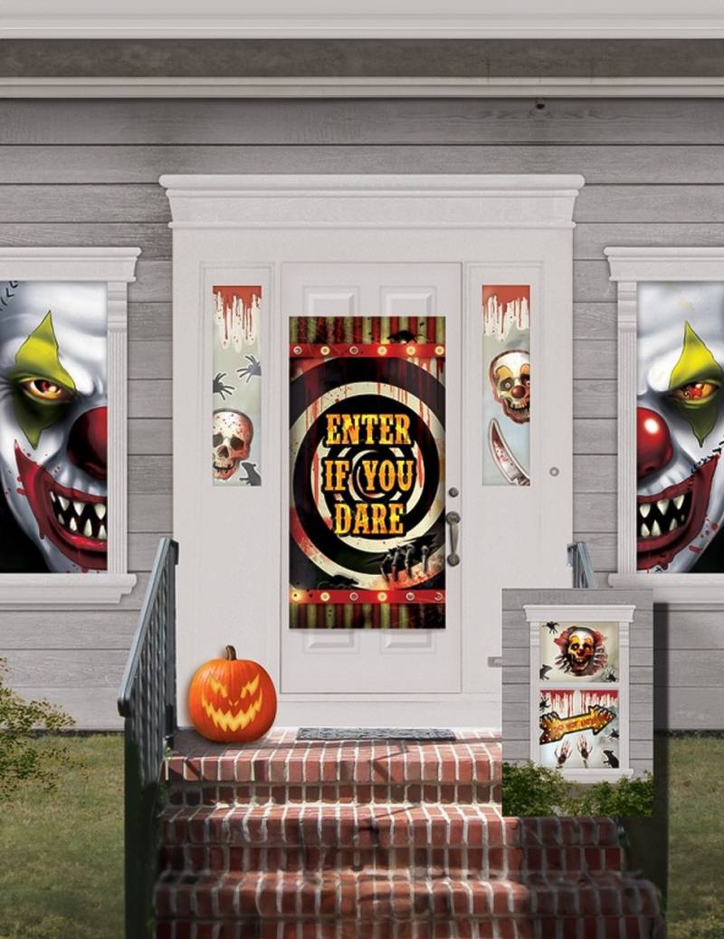 Horror-Clown Haus-Deko Set Halloween-Party schwarz-bunt 82x165cm von AMSCAN