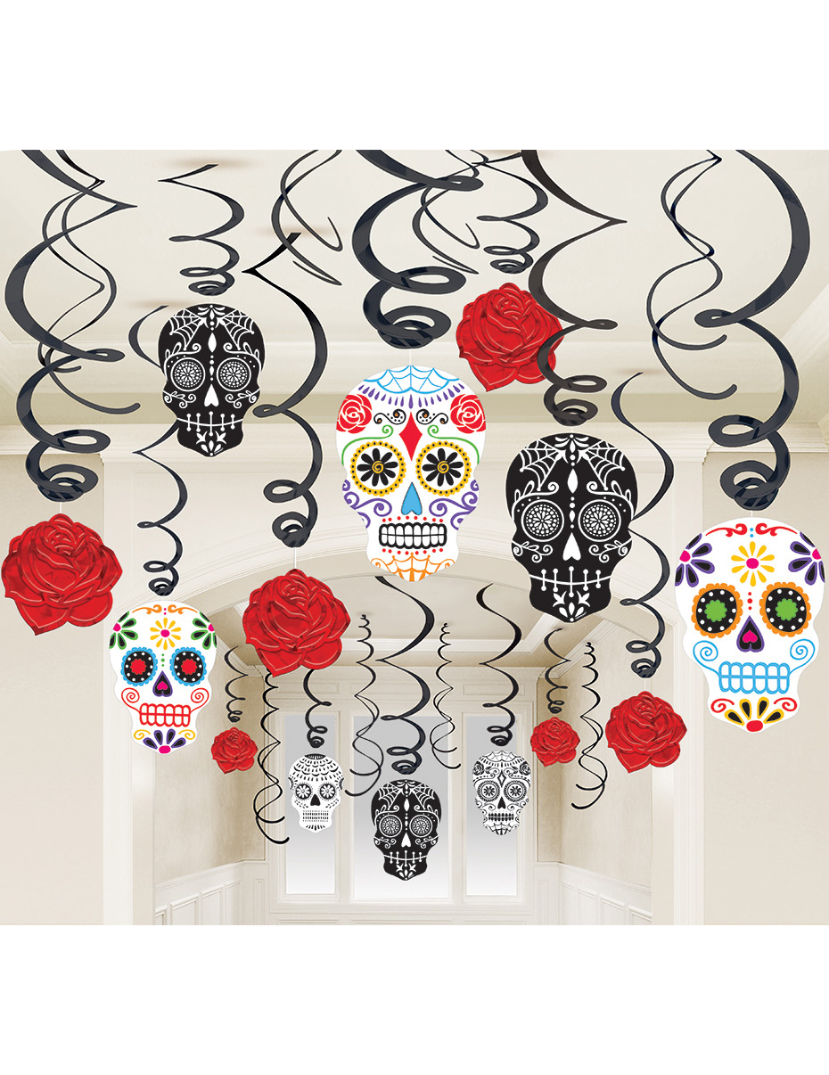 Tag der Toten Sugar Skull Hänge-Spiralen Halloween Party-Deko Set 30-teilig bunt 13-31cm Tag der Toten Sugar Skull Hänge-Spiralen Halloween Party-Deko Set 30-teilig bunt 13-31cm von AMSCAN