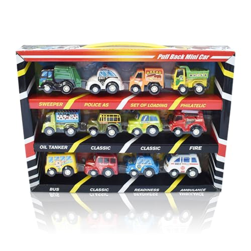 AMSLSIU 12 Stück Kunststoff Auto Spielzeug Geburtstag Pull Back Mini Cartoon Transportmodelle Kinder Gefälligkeiten Racing Supplies Room von AMSLSIU