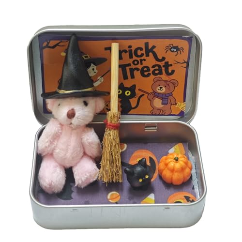 AMSLSIU Miniatur Hexer mit Besen Kürbis Katze Halloween Teddybär Geschenk Kleiner Bär in Box mit Hut Mini Hexer Teddy in Box, Rosa AMSLSIU Miniatur Hexer mit Besen Kürbis Katze Halloween Teddybär Geschenk Kleiner Bär in Box mit Hut Mini Hexer Teddy in Box, Rosa von AMSLSIU