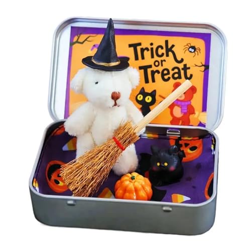 AMSLSIU Miniatur Hexer mit Besen Kürbis Katze Halloween Teddybär Geschenk Kleiner Bär in Box mit Hut Mini Hexer Teddy in Box, Weiß AMSLSIU Miniatur Hexer mit Besen Kürbis Katze Halloween Teddybär Geschenk Kleiner Bär in Box mit Hut Mini Hexer Teddy in Box, Weiß von AMSLSIU