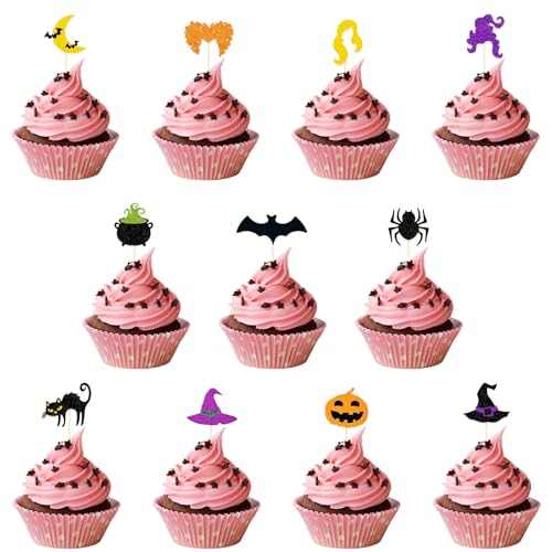 42 Stück Halloween Cupcake Deko, Glitzer Tortendeko, Halloween Party Torten, Katze, Fledermaus, Hexenhut, Spinne, Horror Mottoparty Supplies, Geeignet Für Geburtstagsparties, Feiern Oder Mehr von AMSNINK