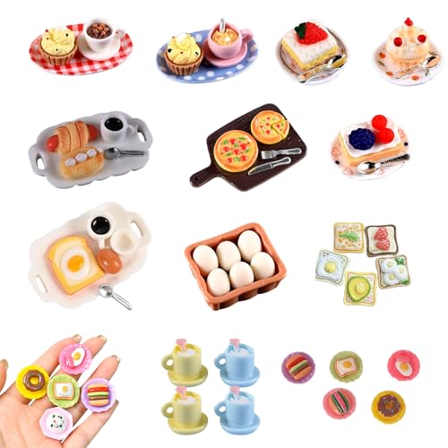52 Stück Puppenhaus Zubehör Mini Essen Set – Miniatur Deko Lebensmittel & Getränke, Harz Zubehör Puppenhaus Küche, Realistisches Miniatur Zubehör für Puppenhaus von AMSNINK