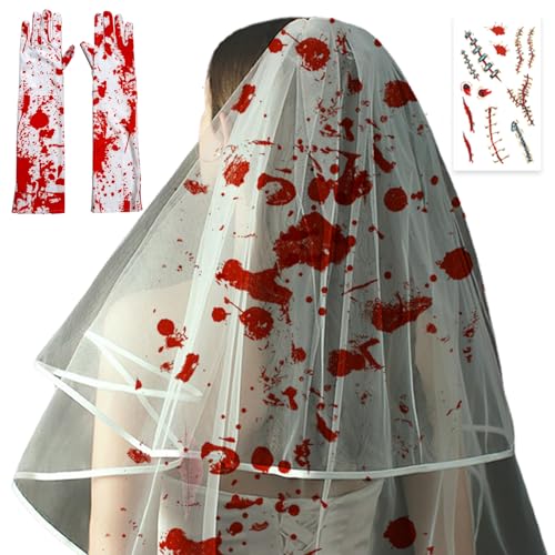 14 Stück Horror Braut Kostüm Set Accessoires, Blutiger Schleier Braut, Corpse Bride Kostüm Handschuhen,Gesicht Tattoos,Tattoo-Aufkleber, Geeignet Für Halloween, Rollenspielparty Oder Mehr von AMSNINK