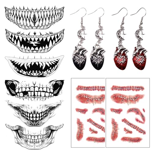 Halloween Tattoo Gesicht Kostüm Damen Schminke Accessoires, mit 6 Temporäre Tattoos Mund, 2 Zombie Scars Tattoo und 2 Paar Herz Ohrring, Aufkleber Zombie Skelett Vampir Kostüm Requisiten Cosplay von AMSNINK