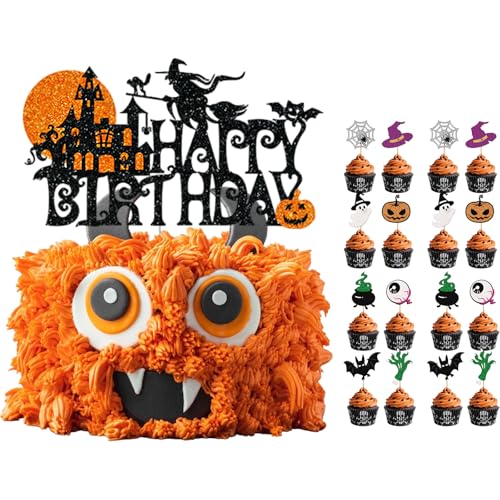 AMSNINK Halloween Tortendeko Set, Halloween Kuchen Deko mit Hexen Haus Happy Birthday Topper und 16 Stück Muffin Deko, Perfekt für Geburtstag Party Horror Themed Feiern AMSNINK Halloween Tortendeko Set, Halloween Kuchen Deko mit Hexen Haus Happy Birthday Topper und 16 Stück Muffin Deko, Perfekt für Geburtstag Party Horror Themed Feiern von AMSNINK