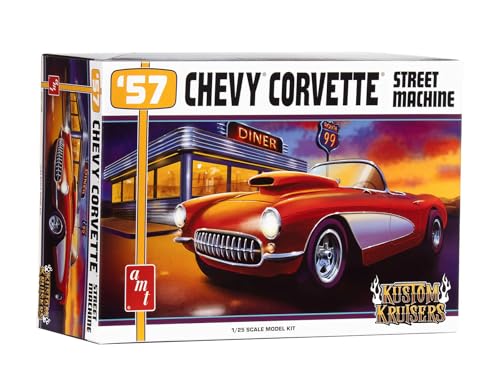 AMT 1957 Chevy Corvette Street Machine Modellbausatz im Maßstab 1:25 - Kustom Kruisers Series, 454 Big Block V-8 Motor, Kotflügel- und Motorhaubenschaufeln, Wheelie Bars, Chrom-Details & Goodyear von AMT