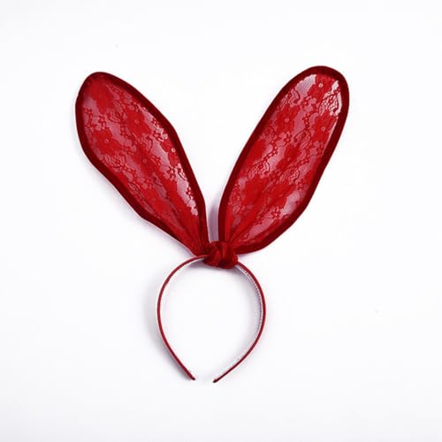 AMateschitz Ohren Maus Bow Haarschmuck Mouse Ear Kopfschmuck Spitze Kaninchenohren Stirnband Glitte Schleifen Haarband Hase Ohren Spitze Headband für Party Cosplay Ostern Spitze Rot Ohren 16 * 22cm von AMateschitz