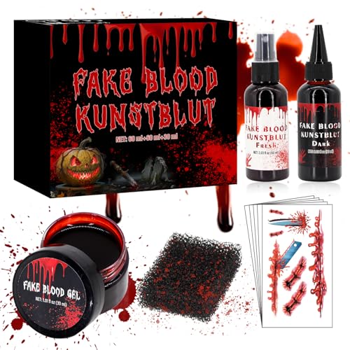 150ml kunstblut Halloween + 5 Blatt Halloween Tattoo Gesicht für Halloween Schminke, Fake Blood für Vampire, Clown, Halloween Make Up, Halloween Tattoos für Kinder, Künstliches Fakeblut, Theaterblut 150ml kunstblut Halloween + 5 Blatt Halloween Tattoo Gesicht für Halloween Schminke, Fake Blood für Vampire, Clown, Halloween Make Up, Halloween Tattoos für Kinder, Künstliches Fakeblut, Theaterblut von AN-WATTY