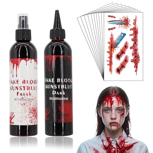 500ml Kunstblut Halloween + 10 Blatt Halloween Tattoo Gesicht, Halloween Make Up, Halloween Schminke mit Fake Blood, Fake Blut für Vampire, Clown, Monster, Zombie Schminke, Künstliches Fakeblut von AN-WATTY