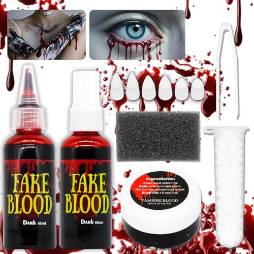 AN-WATTY Halloween Schminke 4er Set, Kunstblut Spray 60ml + Tropfendes Fake Blood 60ml + Geronnenes Blutplasma 30g + 3 Paare Vampir Zähne, Kunstblut Auswaschbar für Kleidung, Zombie, Vampir, Cosplay AN-WATTY Halloween Schminke 4er Set, Kunstblut Spray 60ml + Tropfendes Fake Blood 60ml + Geronnenes Blutplasma 30g + 3 Paare Vampir Zähne, Kunstblut Auswaschbar für Kleidung, Zombie, Vampir, Cosplay von AN-WATTY