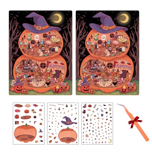 ANBOOR 2 Sets DIY 3D Aufkleber-Szene, Große Wiederverwendbare Halloween-Aufkleber – Gestalte Dein eigenes Haus-Szenen-Aufkleber für Kinder und Erwachsene zur Stressabbau und Entspannung (Kürbishaus) von ANBOOR