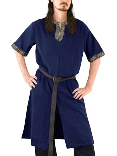 ANDHOM Herren Mittelalterliches Renaissance-Söldner-Kostüm Schottisches Wikinger-Kostüm LARP Kostüm Tunika Halloween Tops Blau Größe L von ANDHOM