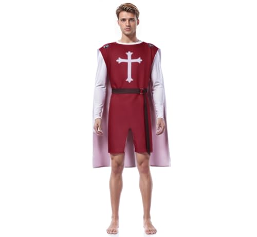 ANDHOM Herren Renaissance Kostüm Tempelritter Kreuzritter Tunika Mittelalter LARP Halloween Erwachsene Zweiteiliges Outfit (Rot, XS) von ANDHOM