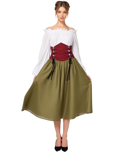 ANDHOM Mittelalterliches Renaissance-Kleid, schulterfrei, weißes Oberteil mit Glockenärmeln und burgunderrotem Korsett und olivgrünem Rock, viktorianisches Kostüm (Weiß, 2XL) von ANDHOM