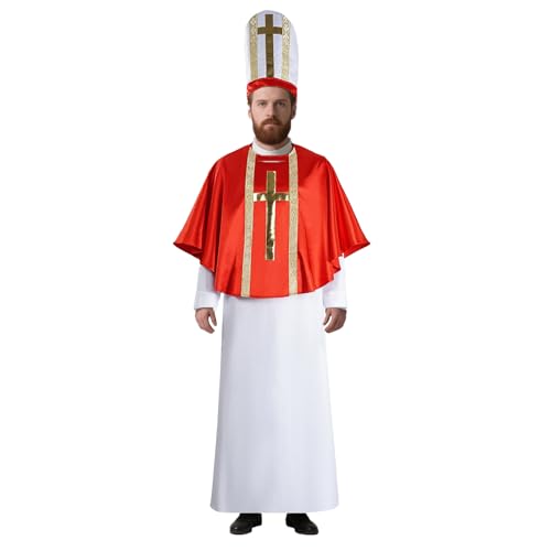 ANDHOM Papst Kostüm Erwachsene Herren Halloween Set Papst Outfit Priester Biblische Roben Set Cosplay (Rot, XS) von ANDHOM
