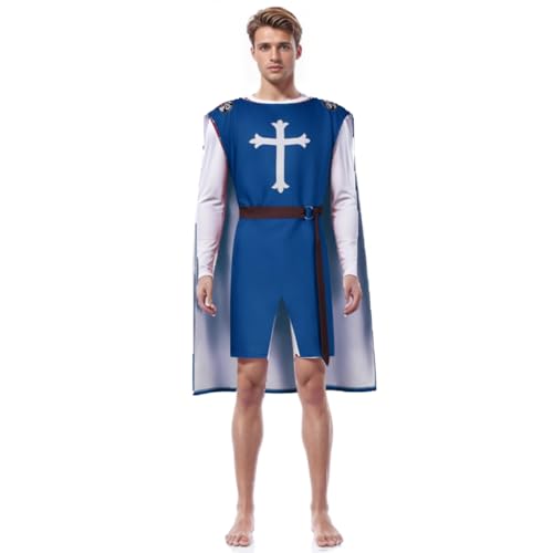ANDHOM Renaissance-Kostüm für Herren, Tempelritter, Tunika, Mittelalter LARP, Halloween, Erwachsene, zweiteiliges Outfit (Blau, XS) von ANDHOM