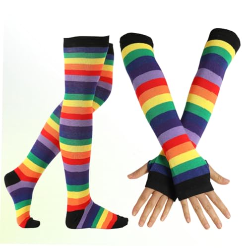 ANDRESLAD 2 Stück Teiliges Set Bunte Regenbogen handschuhe und Warme Oberschenkelhohe Strümpfe für Damen Mädchen Elastisch Rutschfest Reißfest für Kostüme und Partys von ANDRESLAD
