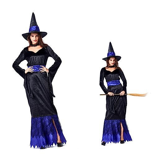 ANDRESLAD Blaues und Schwarzes Halloween Kostüm Set für Damen Hexenkleid mit Hut und Halskette Xl für Cosplay und Maskeraden und Einfach zu Reinigen von ANDRESLAD
