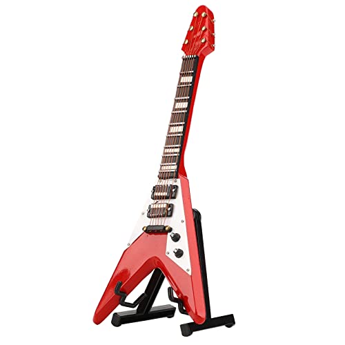 ANKROYU Miniatur-E-Gitarre, Mit Ständer, Rotes Mini-Musikinstrument aus Holz, Puppenhausmodell, Korkmaterial Zum Dekorieren von Heimtextilien von ANKROYU