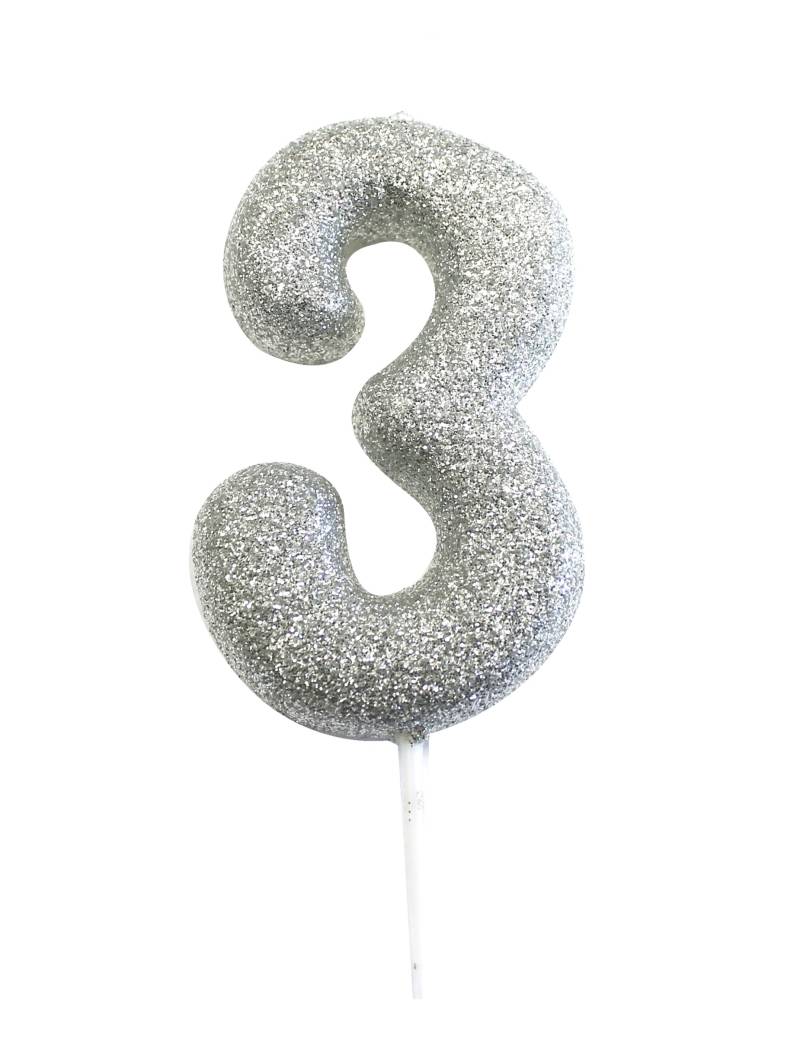 Glitzernde Tortenkerze Zahl 3 in Silber 7 cm für Geburtstage Glitzernde Tortenkerze Zahl 3 in Silber 7 cm für Geburtstage von ANNIVERSARY HOUSE