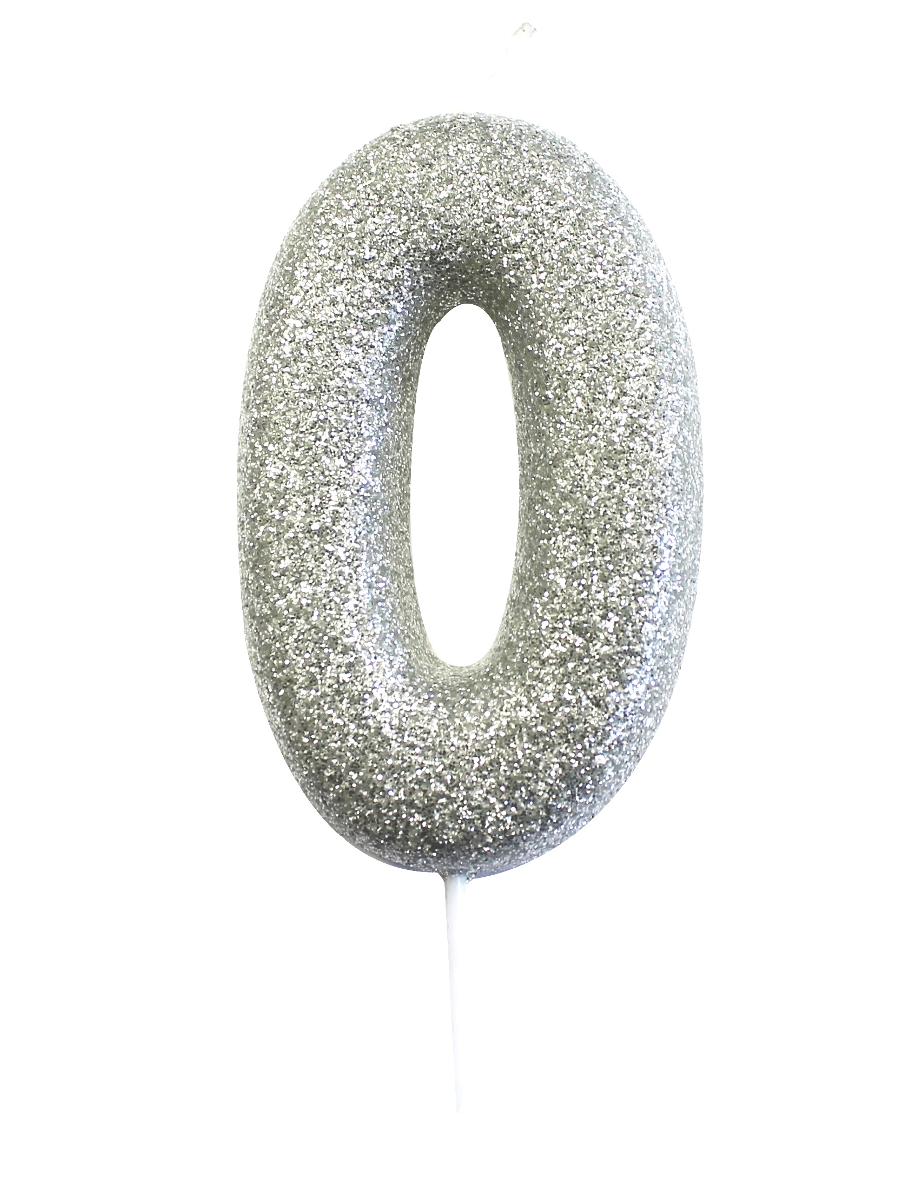 Silberne Glitzer-Zahlenkerze 0 auf Pick 7 cm für Kuchen von ANNIVERSARY HOUSE