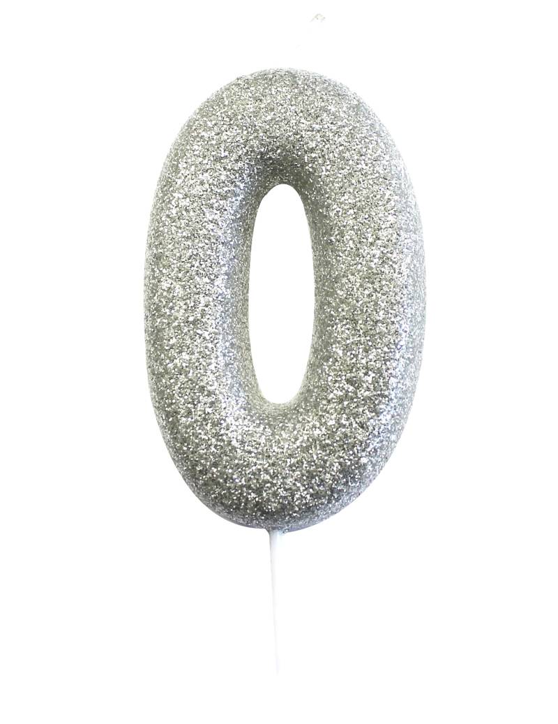 Silberne Glitzer-Zahlenkerze 0 auf Pick 7 cm für Kuchen Silberne Glitzer-Zahlenkerze 0 auf Pick 7 cm für Kuchen von ANNIVERSARY HOUSE